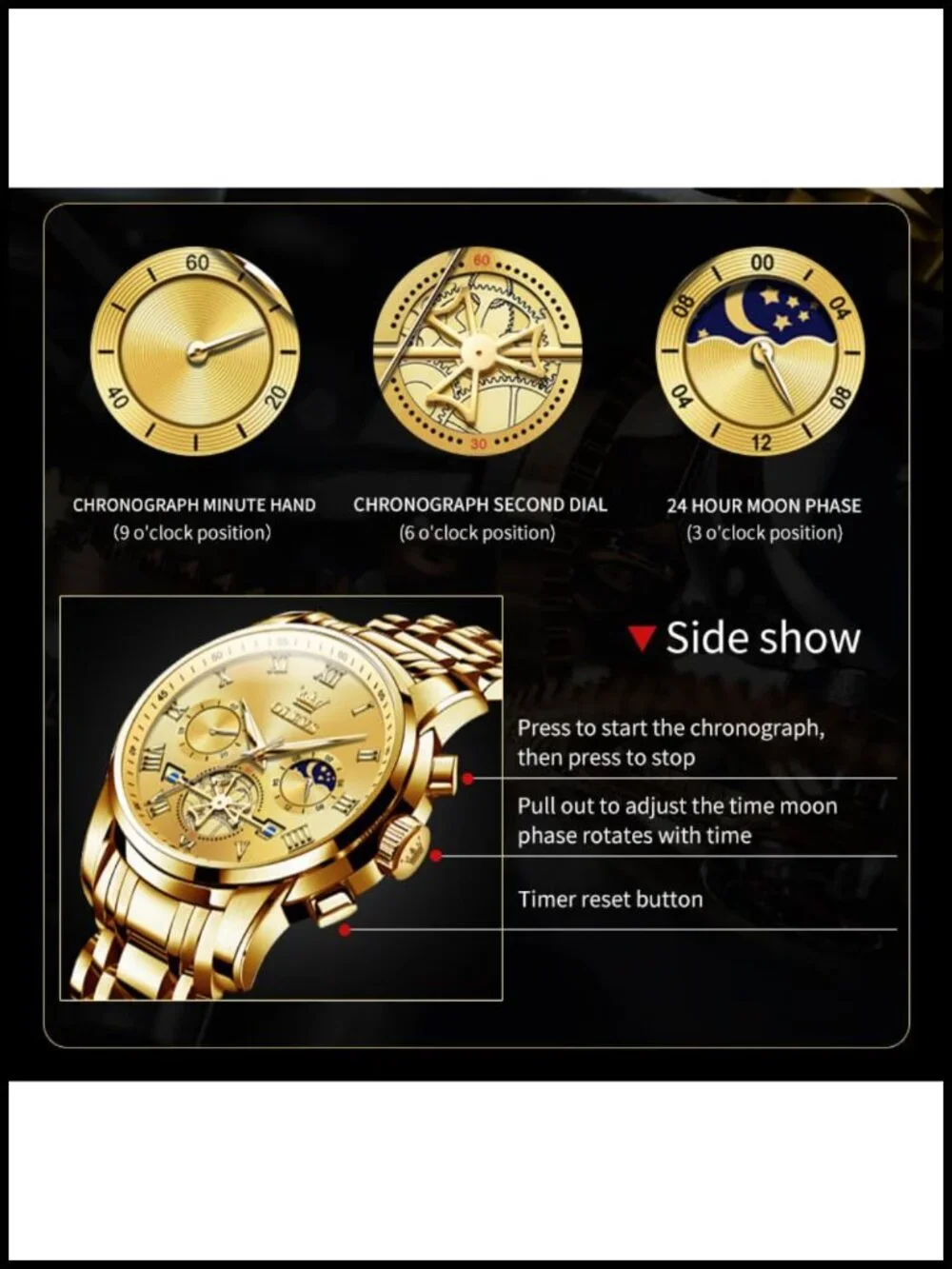 Luxury Waterproof Big Face Stainless Steel Multifunction Mens Watch